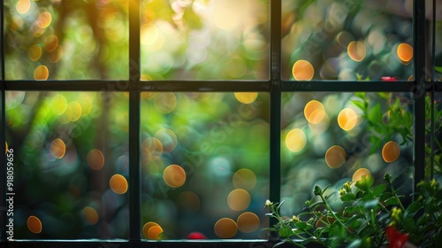 Blurred garden view through window with green bokeh lights.