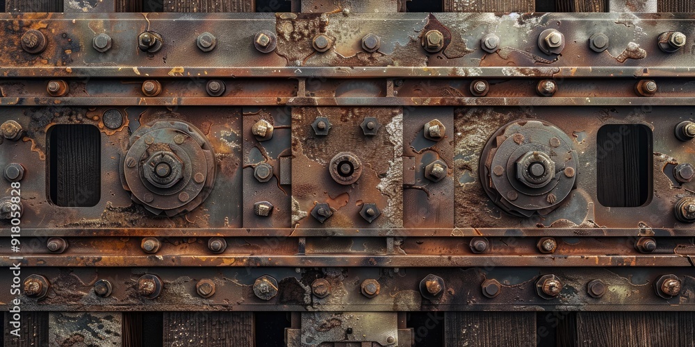 Rusty metal panel with bolts and gears. Rusty metal panel with bolts and gears.