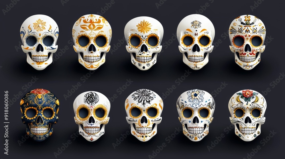 a set of skulls with different designs a set of skulls with different designs