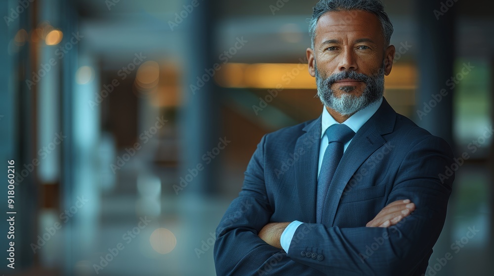 Confident businessman standing in a modern office lobby during daylight hours Confident businessman standing in a modern office lobby during daylight hours