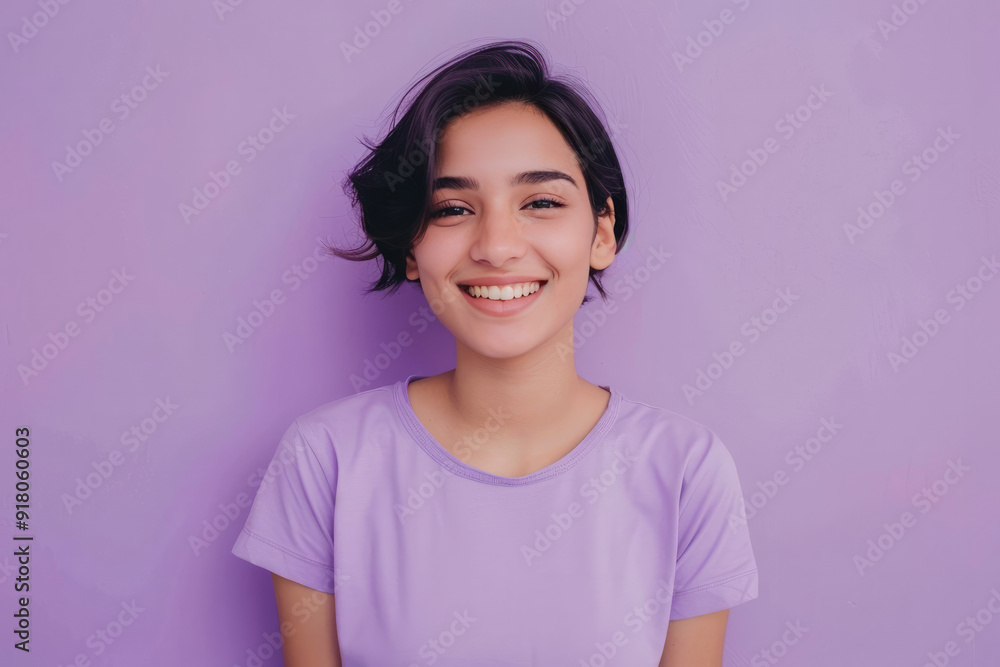 A cheerful girl with a bright, inviting smile posing against a monochromatic purple background A cheerful girl with a bright, inviting smile posing against a monochromatic purple background