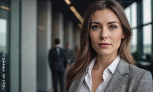 This image shows a confident female professional standing in an office hallway  portraying determination and focus.