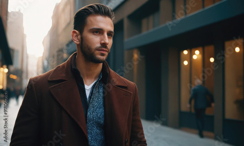 A handsome man with a well-groomed beard, wearing a brown coat and blue shirt, walking confidently through a city street during the evening with warm lights glowing.