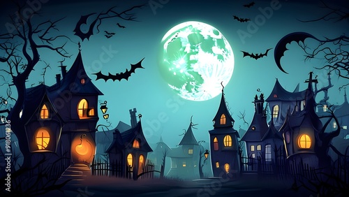 Spooky Halloween Banner with Crescent Moon and Haunted Houses photo