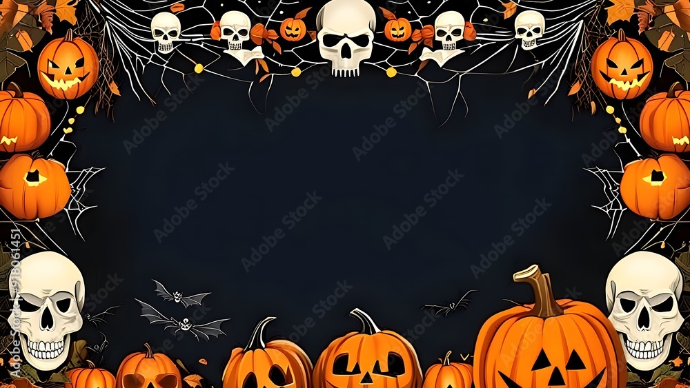 Halloween Banner with Skulls, Halloween, Banner, Skulls, Bones, Garland, Pumpkins, Spiders, Decorative, Creepy, Eerie, Empty, Space, Message, Holiday, October, Festive, Celebration, Scary, and Spiders Halloween Banner with Skulls, Halloween, Banner, Skulls, Bones, Garland, Pumpkins, Spiders, Decorative, Creepy, Eerie, Empty, Space, Message, Holiday, October, Festive, Celebration, Scary, and Spiders