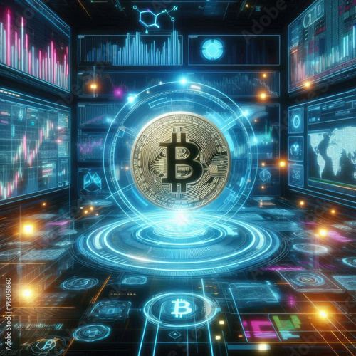 A digital rendition of Bitcoin within a futuristic environment, symbolizing cryptocurrency technology and networks