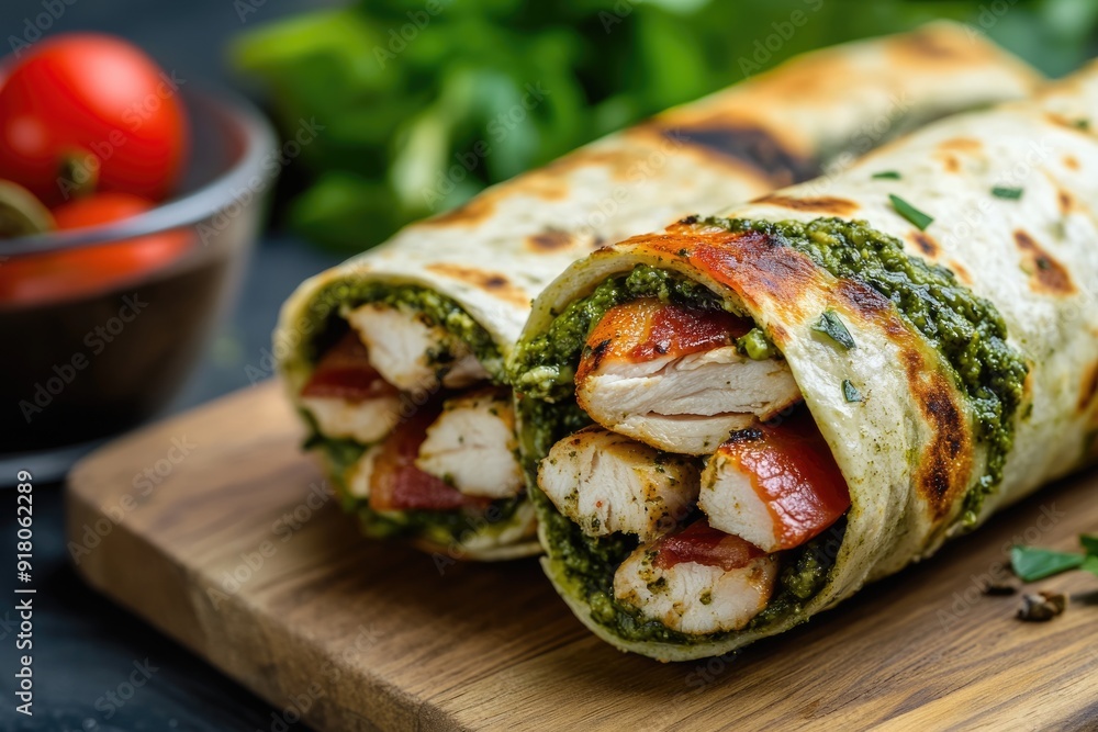 Chicken Bacon Wrap. Fresh Chicken Wraps with Bacon and Basil Pesto on Green Desk Chicken Bacon Wrap. Fresh Chicken Wraps with Bacon and Basil Pesto on Green Desk