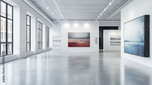 A spacious modern art gallery with vibrant paintings displayed on clean white walls, creating a minimalist aesthetic.