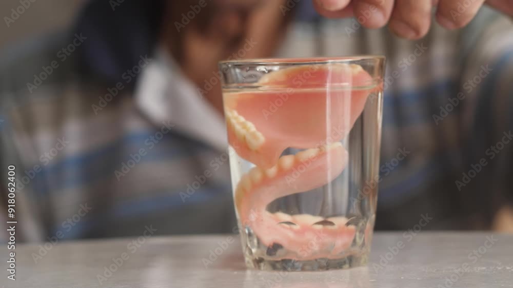 a doctor's gloved hand gives a glass with removable dentures to a pensioner who is putting on dentures a doctor's gloved hand gives a glass with removable dentures to a pensioner who is putting on dentures