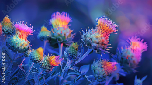 Group of BowTie Thistle flowers intertwined unique shape and color