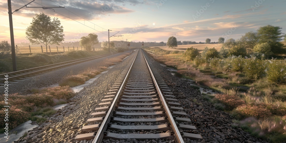 Obraz premium Train tracks through field at sunrise.