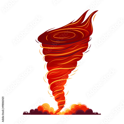 A fiery tornado, flames, fire vortex. Natural catastrophe. Destructive swirling. Flat style illustration on a white background.