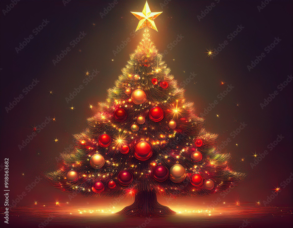 Elegant Christmas Tree with Red and Gold Ornaments, Bright Lights, and Star Topper Elegant Christmas Tree with Red and Gold Ornaments, Bright Lights, and Star Topper