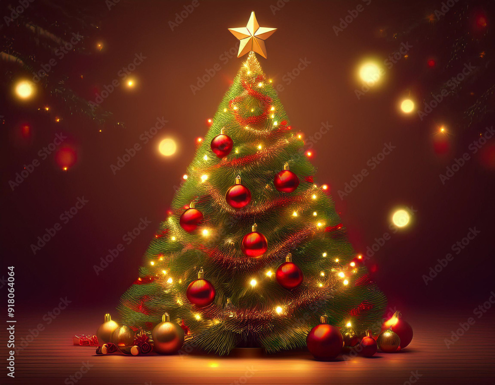 Elegant Christmas Tree with Red and Gold Ornaments, Bright Lights, and Star Topper Elegant Christmas Tree with Red and Gold Ornaments, Bright Lights, and Star Topper