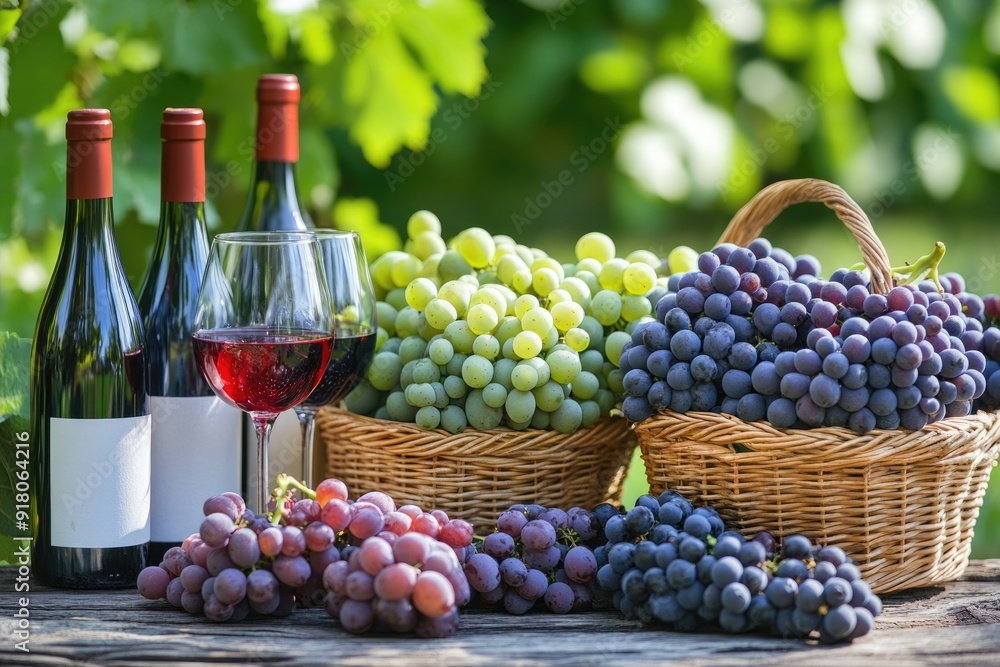 Fototapeta premium Concord Wine. Garden Harvest of Red, Green, and Blue Grapes with Bottles of Red and White Wine Under Sunshine