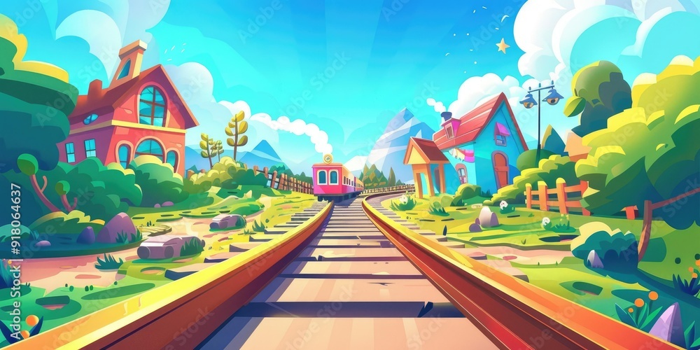 Cartoon train tracks leading through colorful town. Cartoon train tracks leading through colorful town.