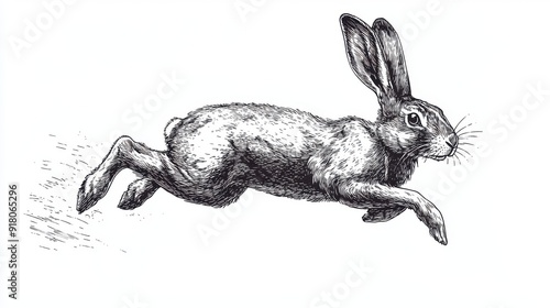 Black and white Vintage engraved art of a jackrabbit leaping sideways, isolated on white background, ink sketch illustration, simple vector art design, highly detailed line art, high contrasty 