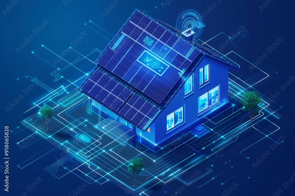 Modern Smart Home with Solar Panels and Digital Connectivity Concept. Futuristic IoT Technology. 3D Illustration of an Eco-Friendly House with Advanced Tech Features. AI Modern Smart Home with Solar Panels and Digital Connectivity Concept. Futuristic IoT Technology. 3D Illustration of an Eco-Friendly House with Advanced Tech Features. AI
