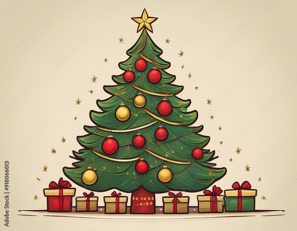 Festive Christmas Tree with Red and Gold Ornaments, Bright Lights, and Classic Star Topper Festive Christmas Tree with Red and Gold Ornaments, Bright Lights, and Classic Star Topper