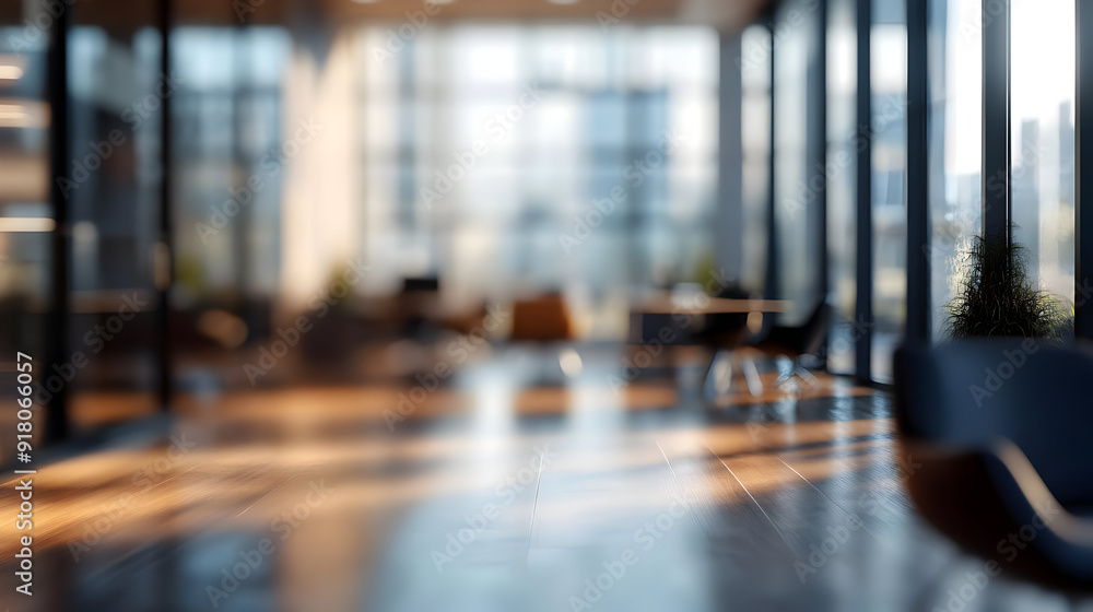 Blurred view of a modern office interior with wooden floor and large windows.
