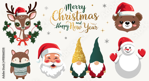 Merry Christmas set with Santa, lettering, winter animals, gnomes. Winter characters set. For banner, card, package.
