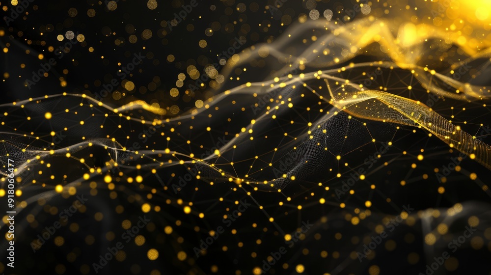 Abstract black and yellow background with a network of glowing dots and lines. The intricate design creates a sense of connectivity and depth Abstract black and yellow background with a network of glowing dots and lines. The intricate design creates a sense of connectivity and depth