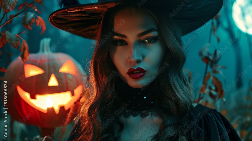 A beautiful witch with dark lipstick and a wide-brimmed hat poses beside a glowing jack-o'-lantern in a spooky forest. The eerie lighting enhances the mystical Halloween atmosphere A beautiful witch with dark lipstick and a wide-brimmed hat poses beside a glowing jack-o'-lantern in a spooky forest. The eerie lighting enhances the mystical Halloween atmosphere
