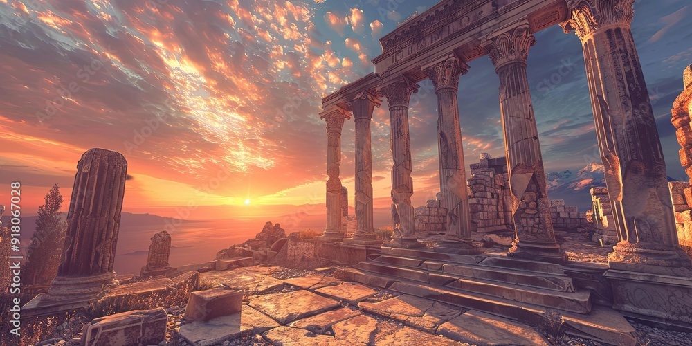 Fototapeta premium Ancient ruins at sunset with mountains in the distance.