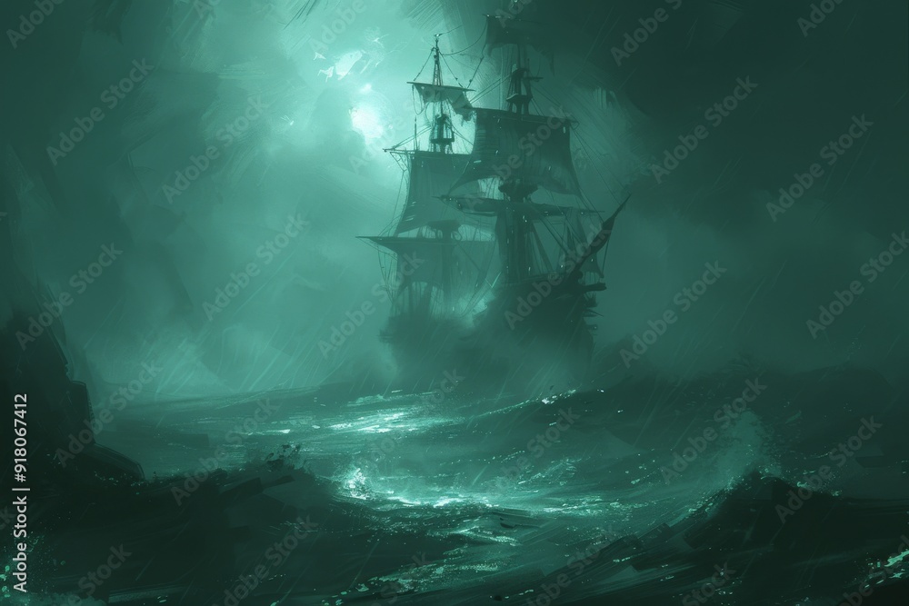 Mysterious Ship Navigating Through Foggy Waters at Dusk in an Enigmatic Atmosphere Mysterious Ship Navigating Through Foggy Waters at Dusk in an Enigmatic Atmosphere