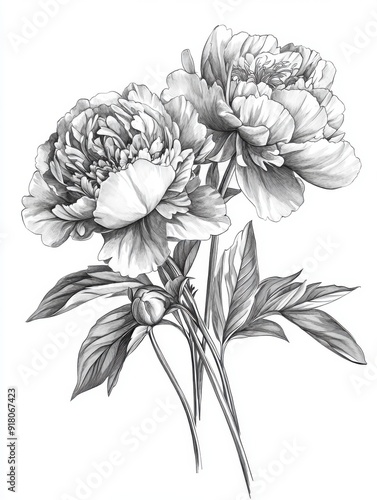 Fototapeta Naklejka Na Ścianę i Meble -  Black and white Vintage engraved art of a peony bouquet, isolated on white background, ink sketch illustration, simple vector art design, highly detailed line art, high contrasty 