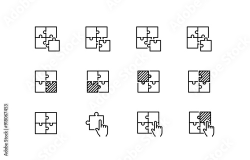Puzzle or Jigsaw Vector Icon Set in Outline Style