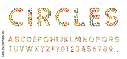 Latin Font Made of Colored Dots or Circles. Capital Letters and Numbers