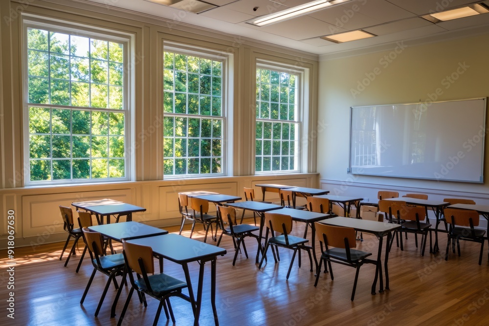 Empty Science Classroom. Classic Academic Setting with Desks and Chairs in American High School Environment Empty Science Classroom. Classic Academic Setting with Desks and Chairs in American High School Environment