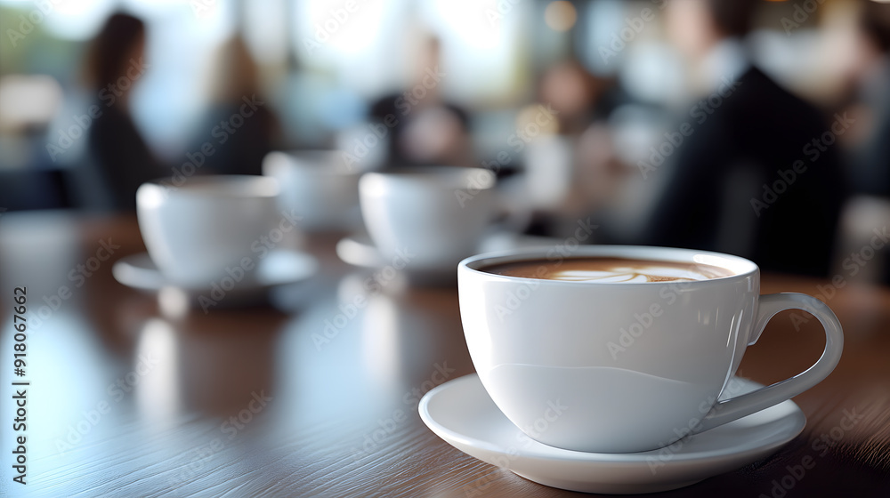 Fototapeta premium Cups of coffee on a table in a meeting room.