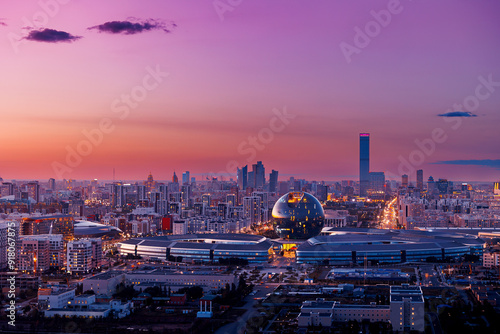 Fototapeta Naklejka Na Ścianę i Meble -  Astana, Kazakhstan panorama night city Nur-Sultan aerial top view