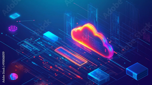 Illustration of cloud computing. Digital cloud computing concept background. Cyber ​​technology. Internet data storage. Binary code. Database and mobile server concept. photo