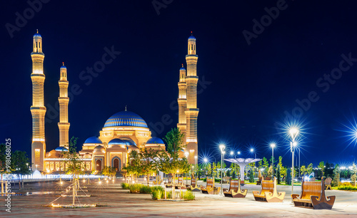 Landscape muslim Grand white mosque night light, Astana, Nur Sultan Kazakhstan photo