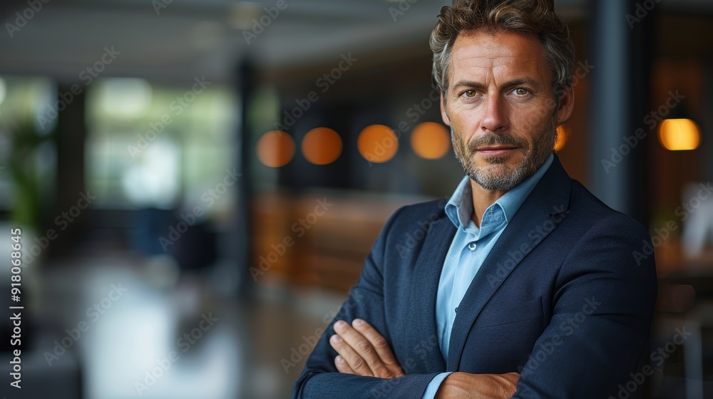Confident businessman poses in modern office environment with natural light during the day Confident businessman poses in modern office environment with natural light during the day