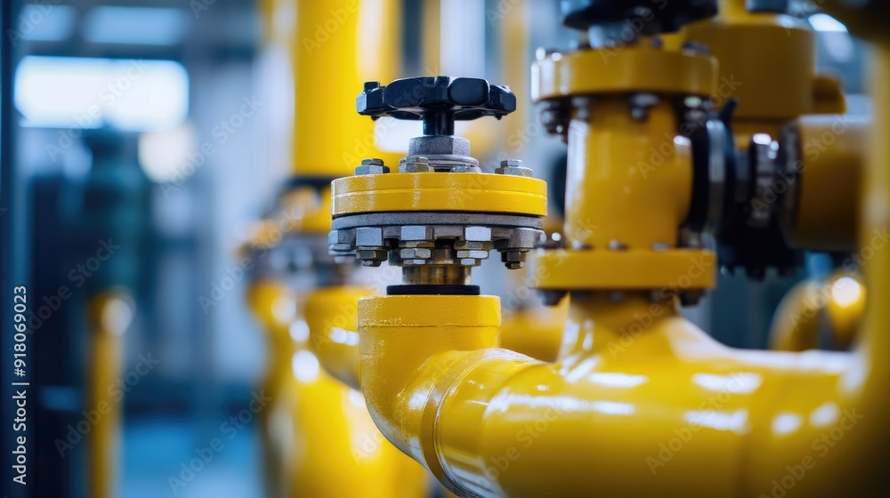 Close-up of yellow pipes and valves in a gas plant, emphasizing the precision of the plant's control system. Close-up of yellow pipes and valves in a gas plant, emphasizing the precision of the plant's control system.