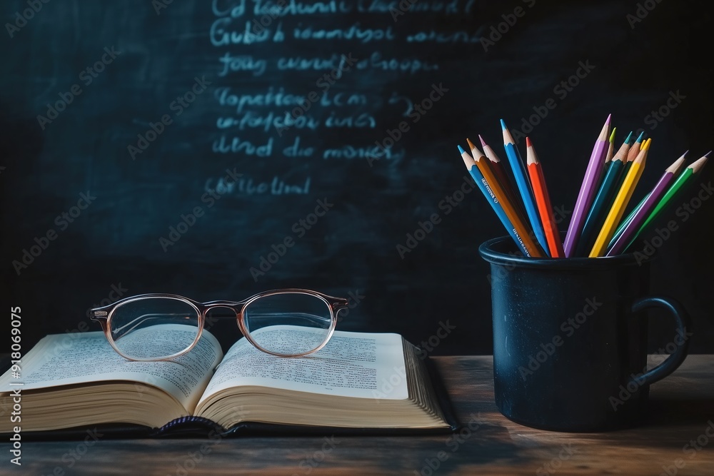 A high resolution photograph of an open book, glasses and colored pencils in a pencil cup on a desk with a blackboard background A high resolution photograph of an open book, glasses and colored pencils in a pencil cup on a desk with a blackboard background