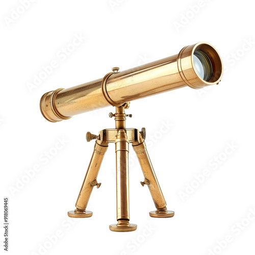 Front view of a vintage brass telescope with extendable lenses, isolated on a white transparent background.