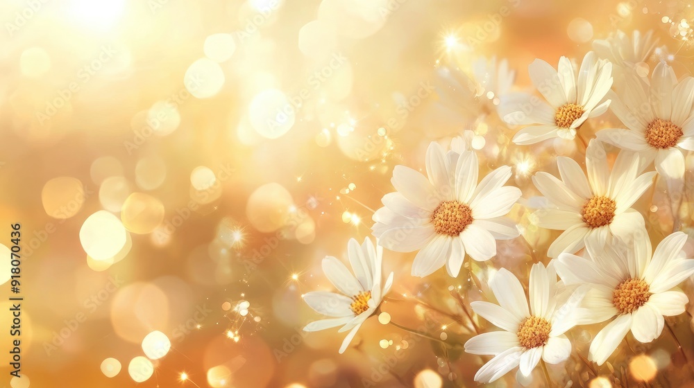 Delicate white daisies on a glowing golden blurred background, offering a peaceful and warm floral scene Delicate white daisies on a glowing golden blurred background, offering a peaceful and warm floral scene