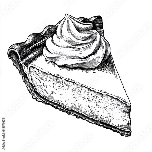 Black and white Vintage engraved art of a slice of pumpkin pie with whipped cream, isolated on white background, ink sketch illustration, simple vector art design, highly detailed line art, 