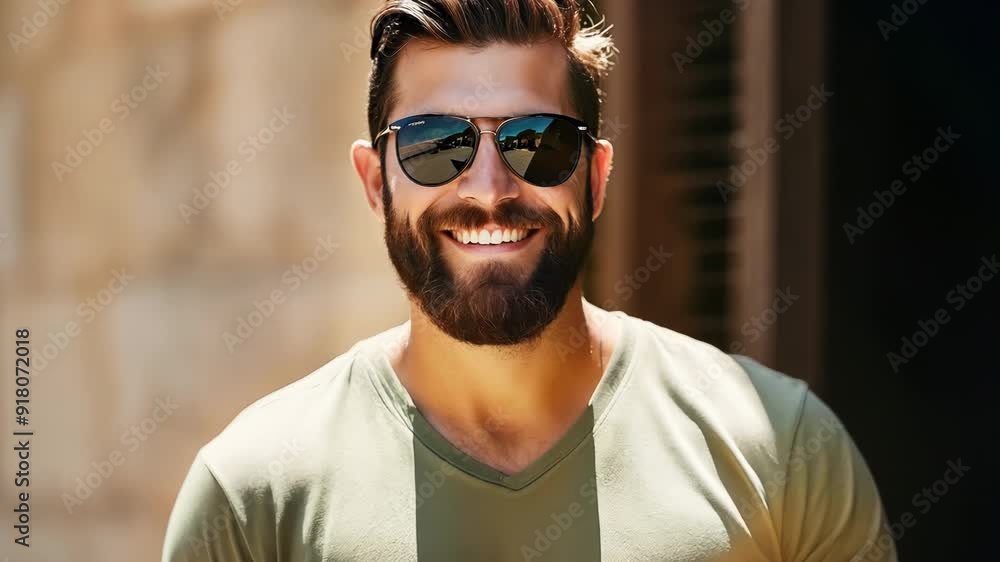 Smiling Man in Olive T-Shirt and Sunglasses Standing Against Stone Wall Smiling Man in Olive T-Shirt and Sunglasses Standing Against Stone Wall