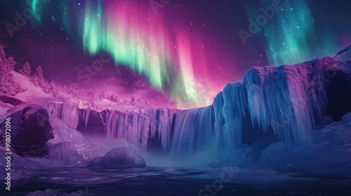 Wallpaper Mural The northern lights glowing above a frozen waterfall with icy formations catching the vibrant colors and a clear night sky Torontodigital.ca
