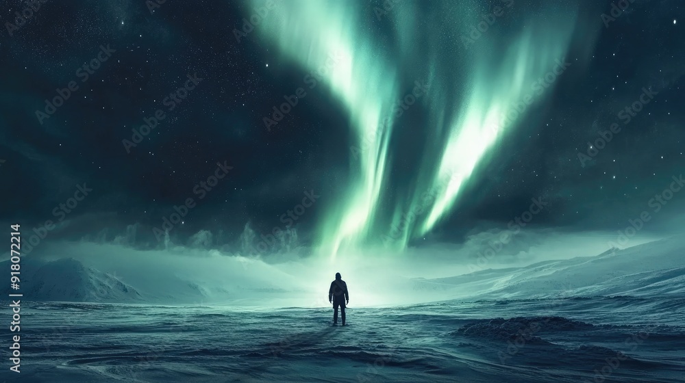 The northern lights arching over a desolate snowy plain with a solitary figure standing in awe under the dazzling display The northern lights arching over a desolate snowy plain with a solitary figure standing in awe under the dazzling display