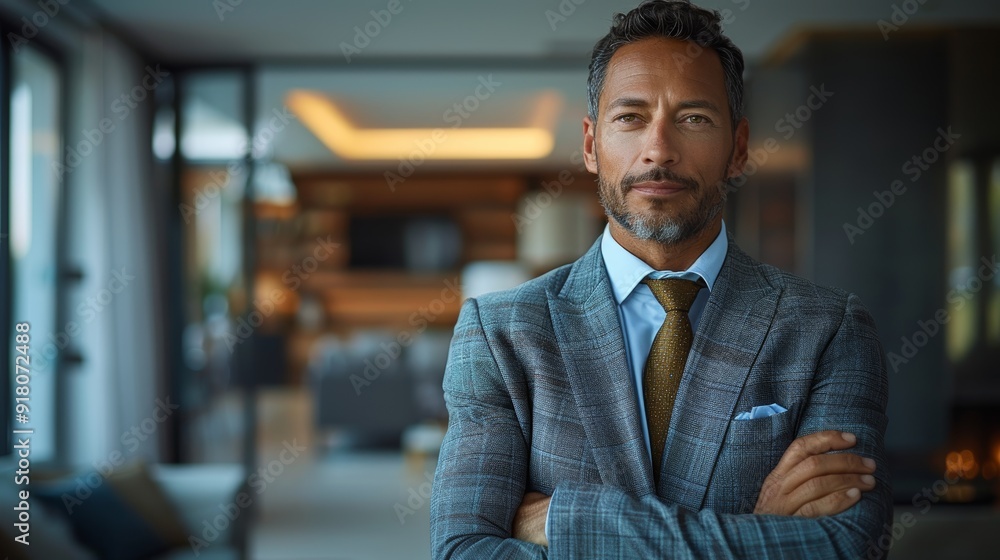 Professional man stands confidently in modern office during late afternoon Professional man stands confidently in modern office during late afternoon