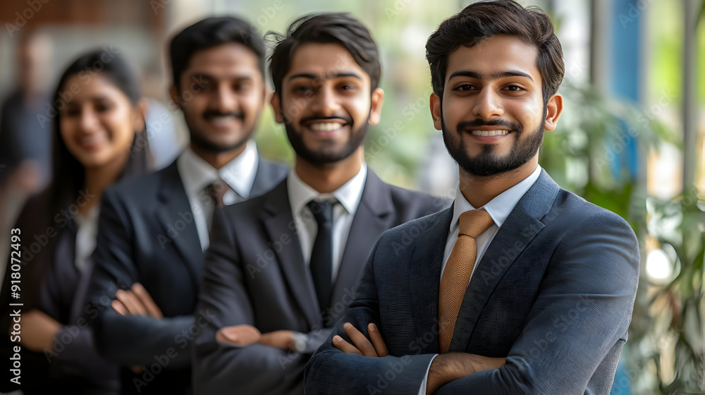 Confident businessman with arms crossed, leading a team. Confident businessman with arms crossed, leading a team.