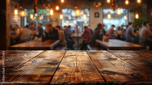 Cozy restaurant interior with wooden tables and warm lighting during a busy evening