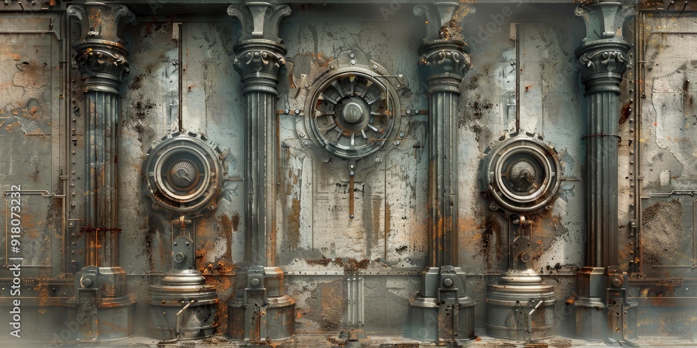 Rusty metal wall with pillars and gears. Rusty metal wall with pillars and gears.